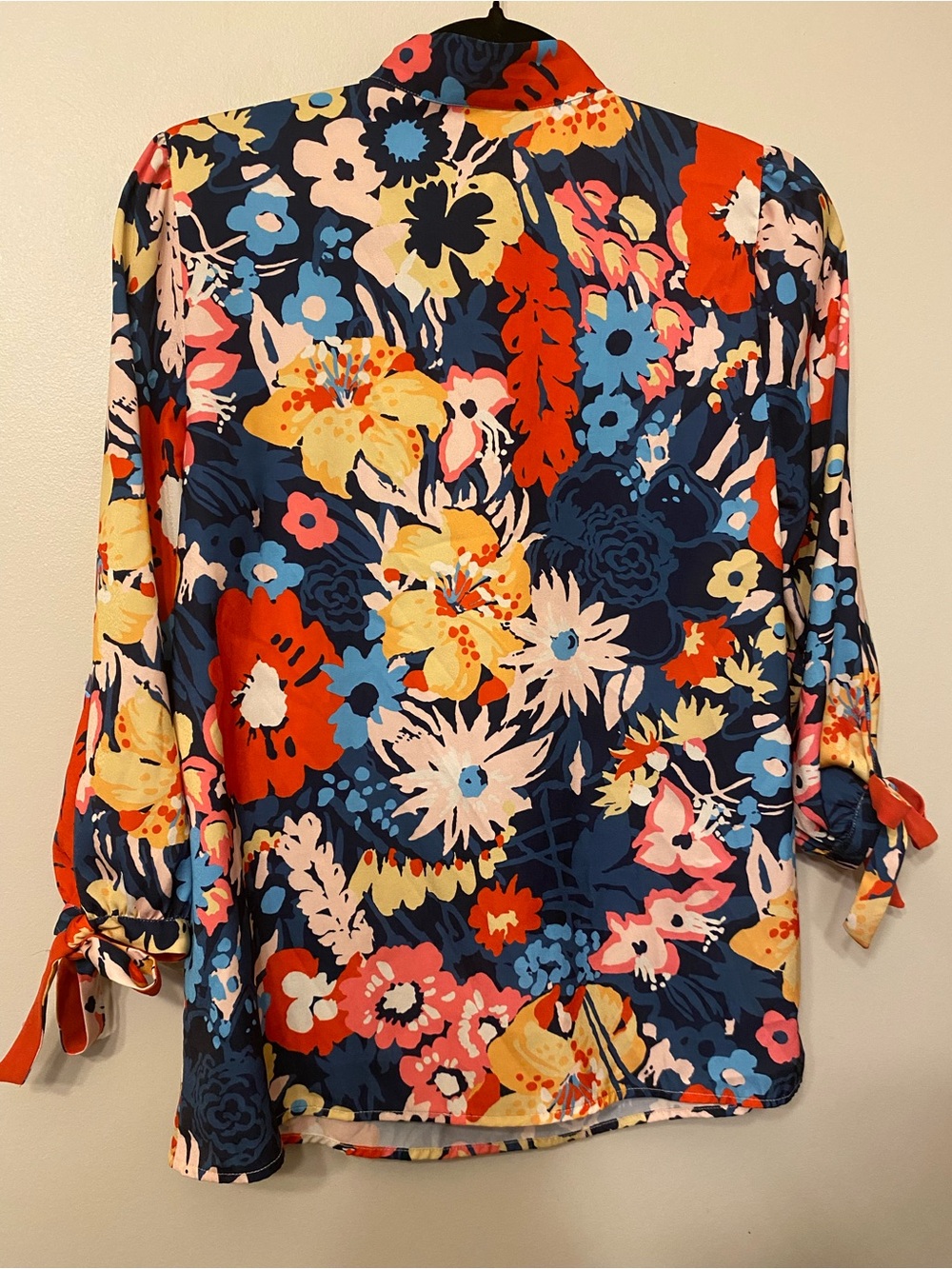 Modcloth Navy Floral Tie-Neck Blouse with Red & Yellow Accents - Picture 4 of 4